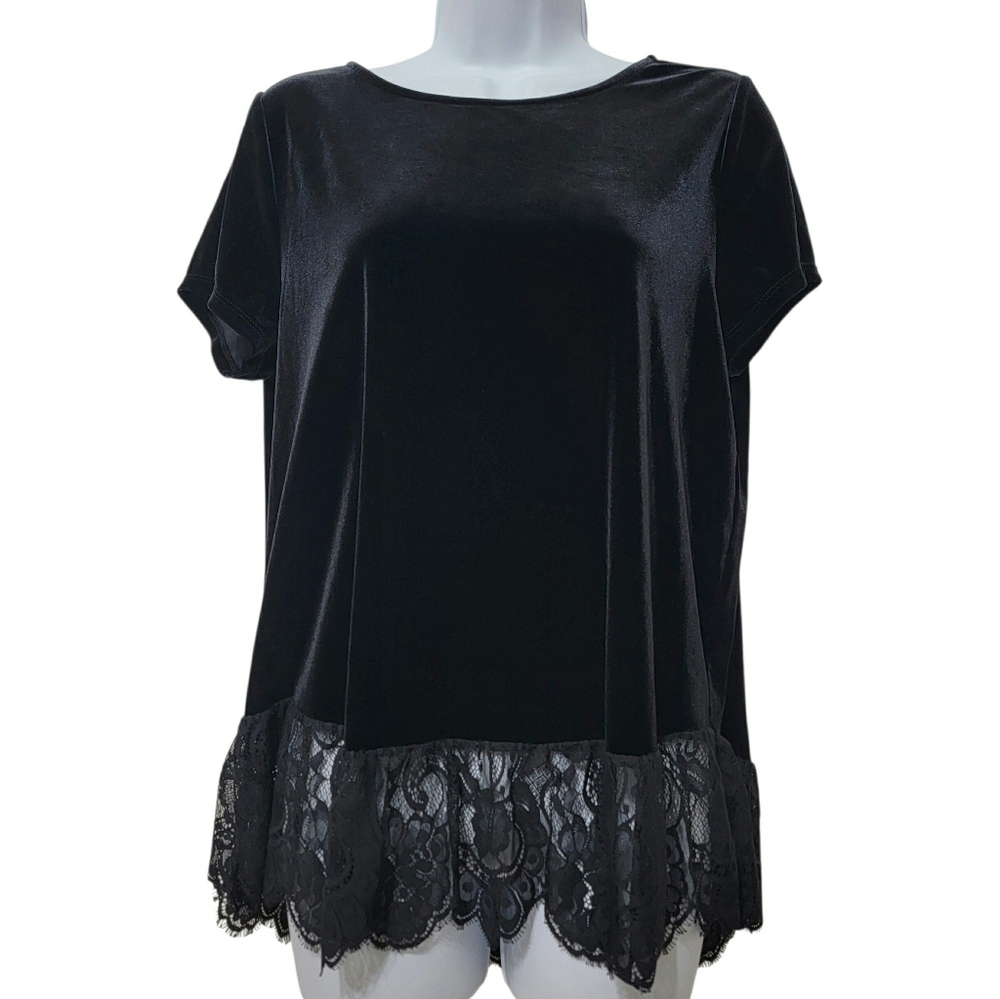 Adrianna Papell | Velvet Lace Peplum Cap Sleeve Blouse Top Stretch Whimsigoth
